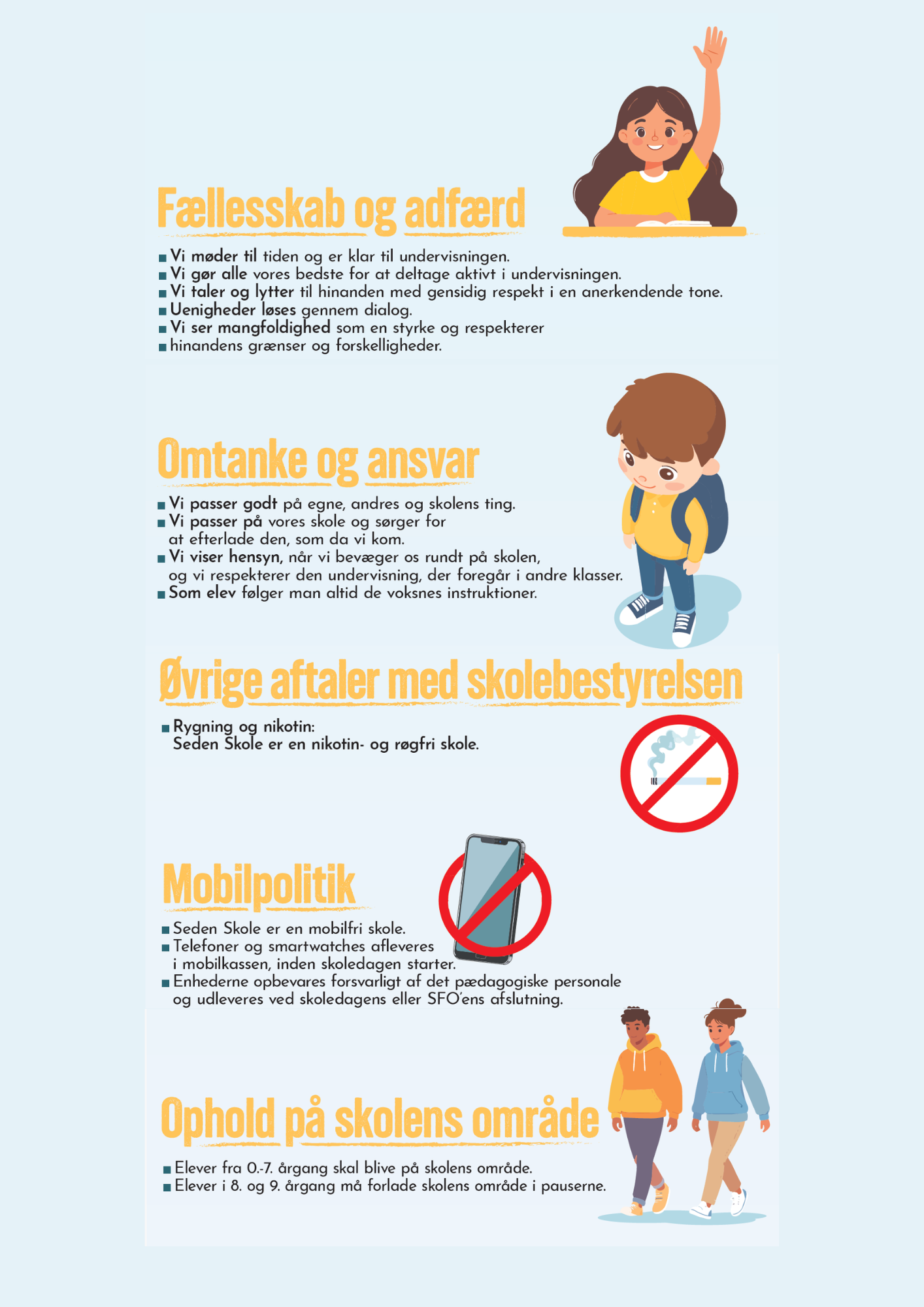 Et billede med en tekst om skolens ordensreglement. Overskrift 1: Fællesskab og adfærd. Underteksten: Vi møder til tiden og er klar til undervisningen. Vi gør alle vores bedste for at deltage aktivt i undervisningen. Vi taler og lytter til hinanden med gensidig respekt i en anerkendende tone. Uenigheder løses gennem dialog. Vi ser mangfoldighed som e styrke og respekterer hinandens grænser og forskelligheder. Overskrift 2: Omtanke og ansvar undertekst: Vi passer godt på egne, andres og skolens ting. Vi passer på vores skole og sørger for at efterlade den, som da vi kom. Vi viser hensyn, når vi bevæger os rundt på skolen, og vi respekterer den undervisning, der foregår i andre klasser. Som Elev følger man altid de voksnes instruktioner. Overskrift 3: Øvrige aftaler med skolebestyrelsen. Undertekst: Rygning og nikotin: Seden Skole er en nikotin- og røgfri skole. Overskrift 4: Mobilpolitik. Underskrift: Seden Skole er en mobilfri skole. Telefoner og smartwatches afleveres i mobilkassen, inden skoledagen starter. Enhederne opbevares forsvarligt af det pædagogiske personale og udleveres ved skoledagens eller SFO'ens afslutning. Overskrift 5: Ophold på skolens område. Underskrift: Elever fra 0.-7. årgang skal blive på skolens område. Elever i 8. og 9. årgang må forlade skolens område i pauserne.  