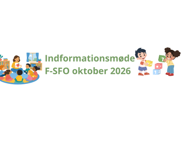 Et billede med børnehavebørn med teksten "Informationsmøde F-SFO oktober 2026"